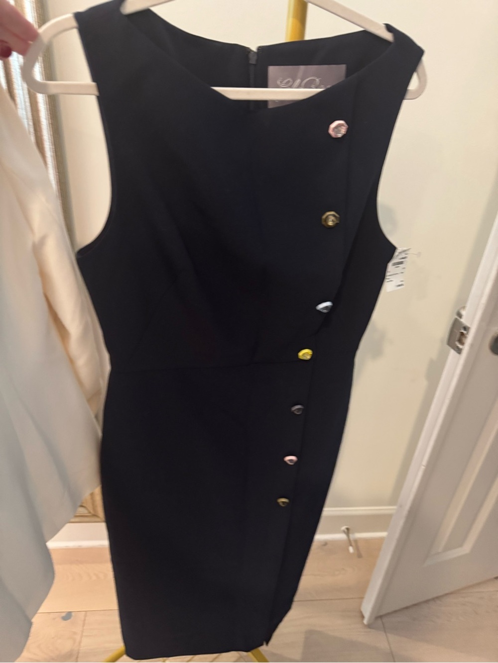 Lela Rose Black Midi Sheath Dress with Multicolored Accent Buttons
